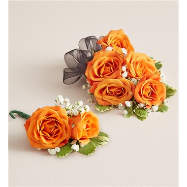 Orange Spray Corsage & Bout--Black Bow